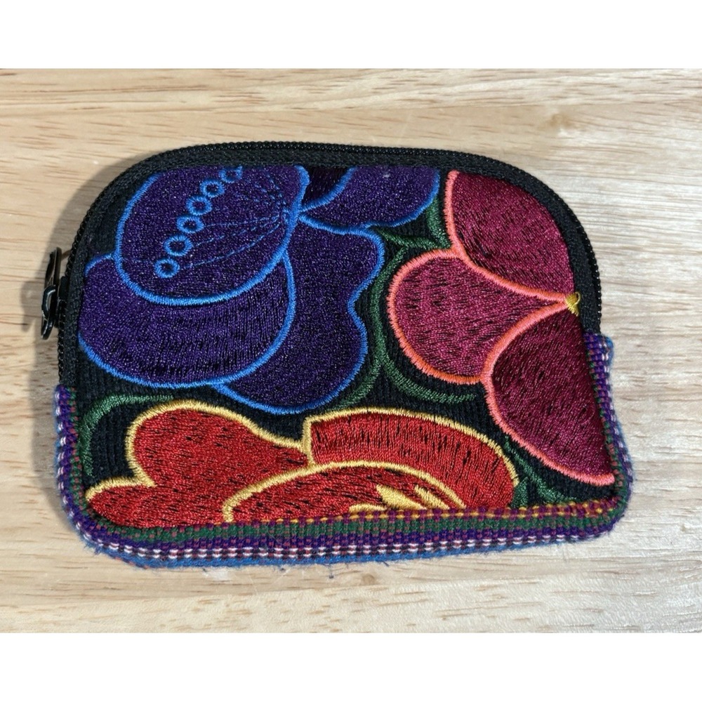 Colorful Embroidered Coin Purse Handmade Guatemala Boho‎ Floral Pouch Zip Padded